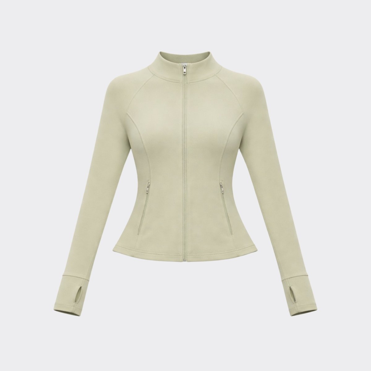 Flat lay front view of the green women's zip-up track jacket showing full zipper and high collar.