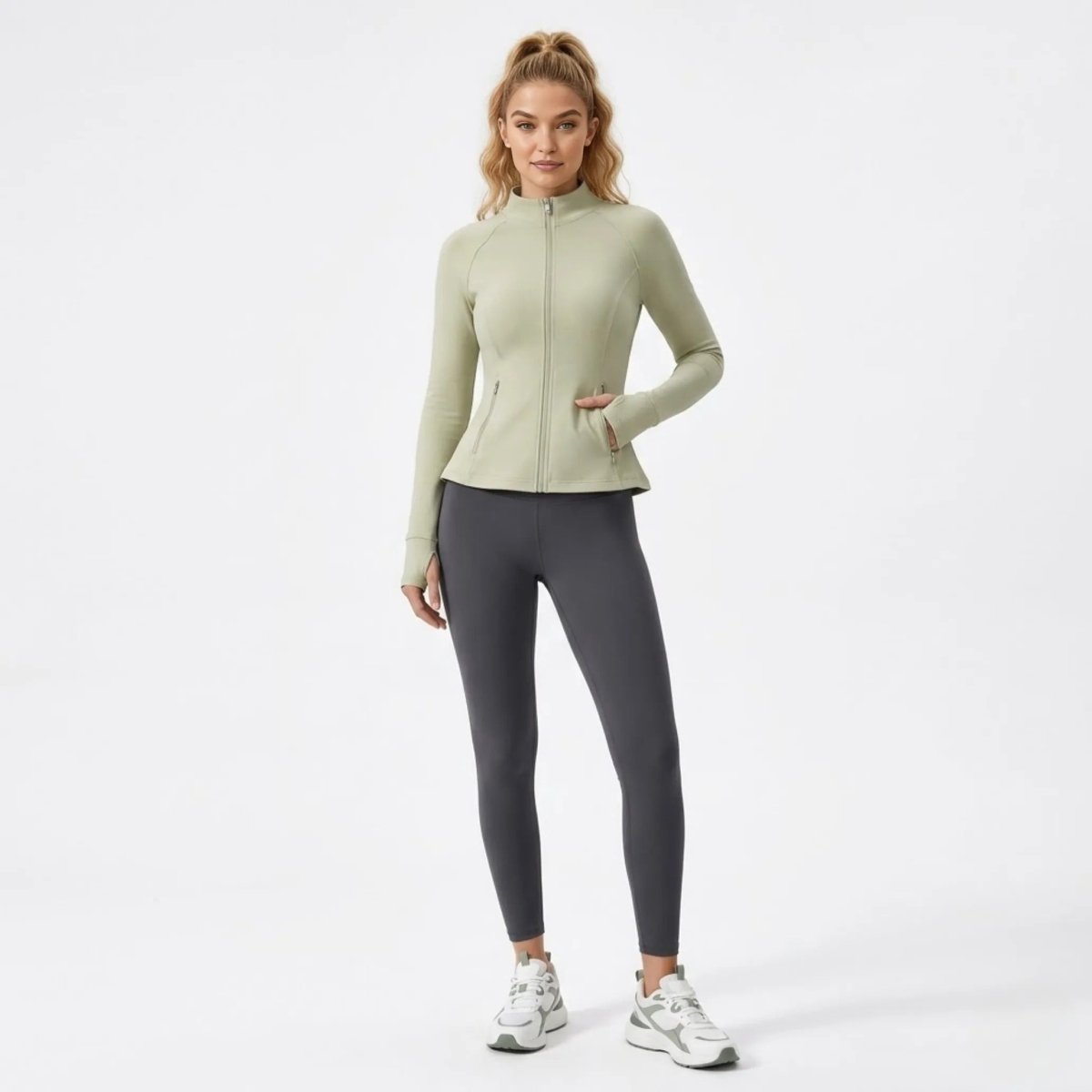 Woman styling a premium green long sleeve workout jacket with dark grey leggings and white sneakers.