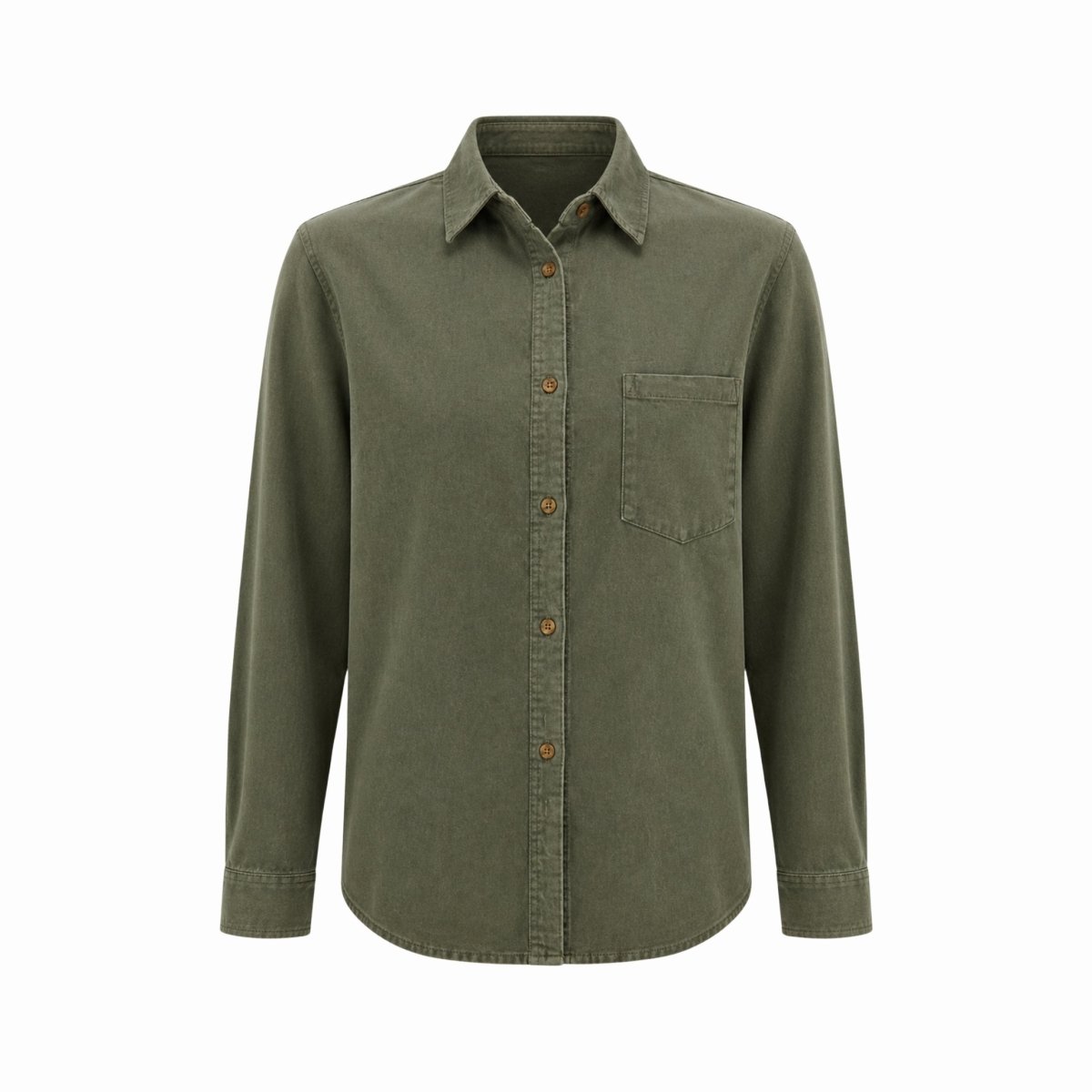 Flat lay front view of a women's green long sleeve button down shirt showing faux horn buttons