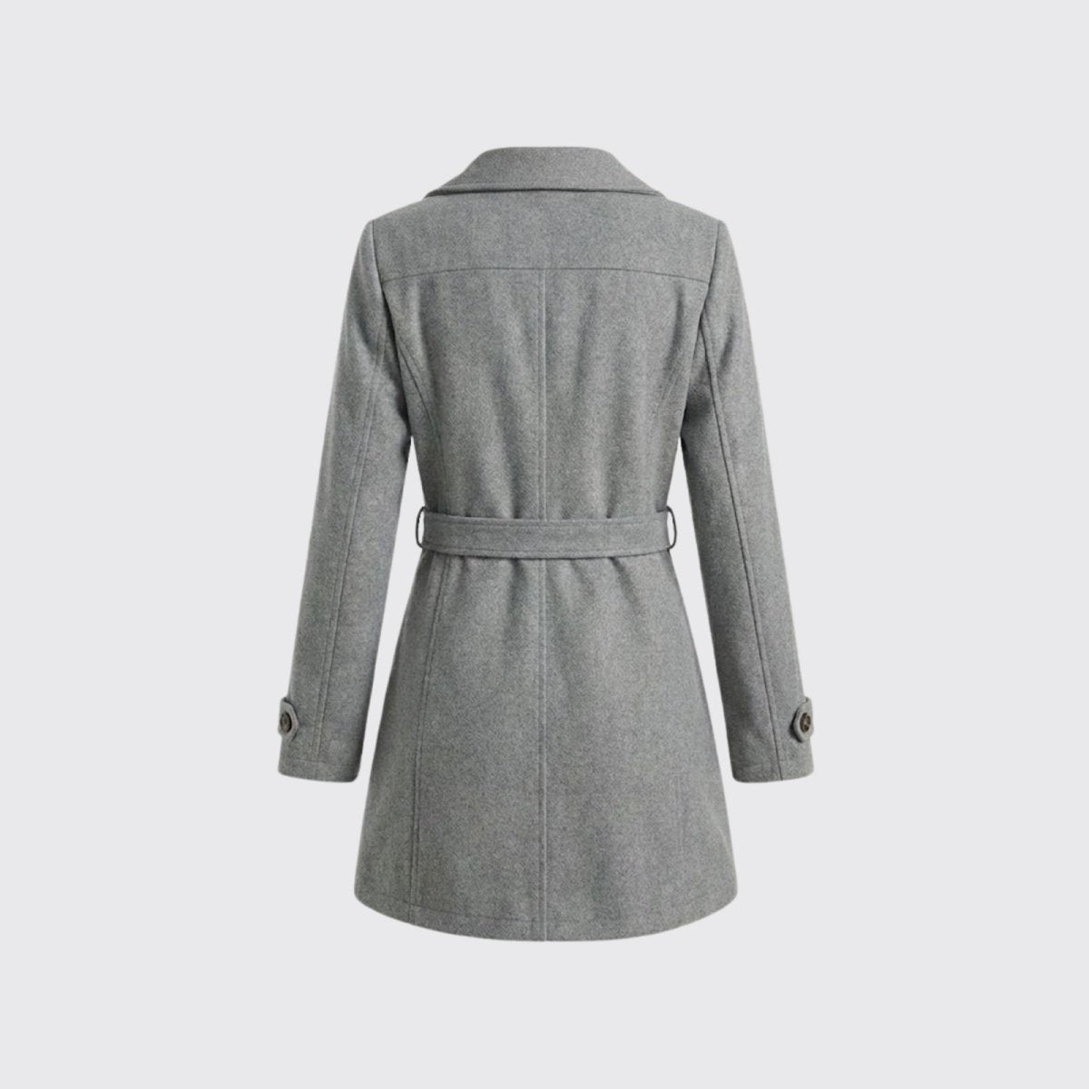 Back view of a women's grey wool coat laid flat, showing the waist belt, belt loops, and clean seam construction.