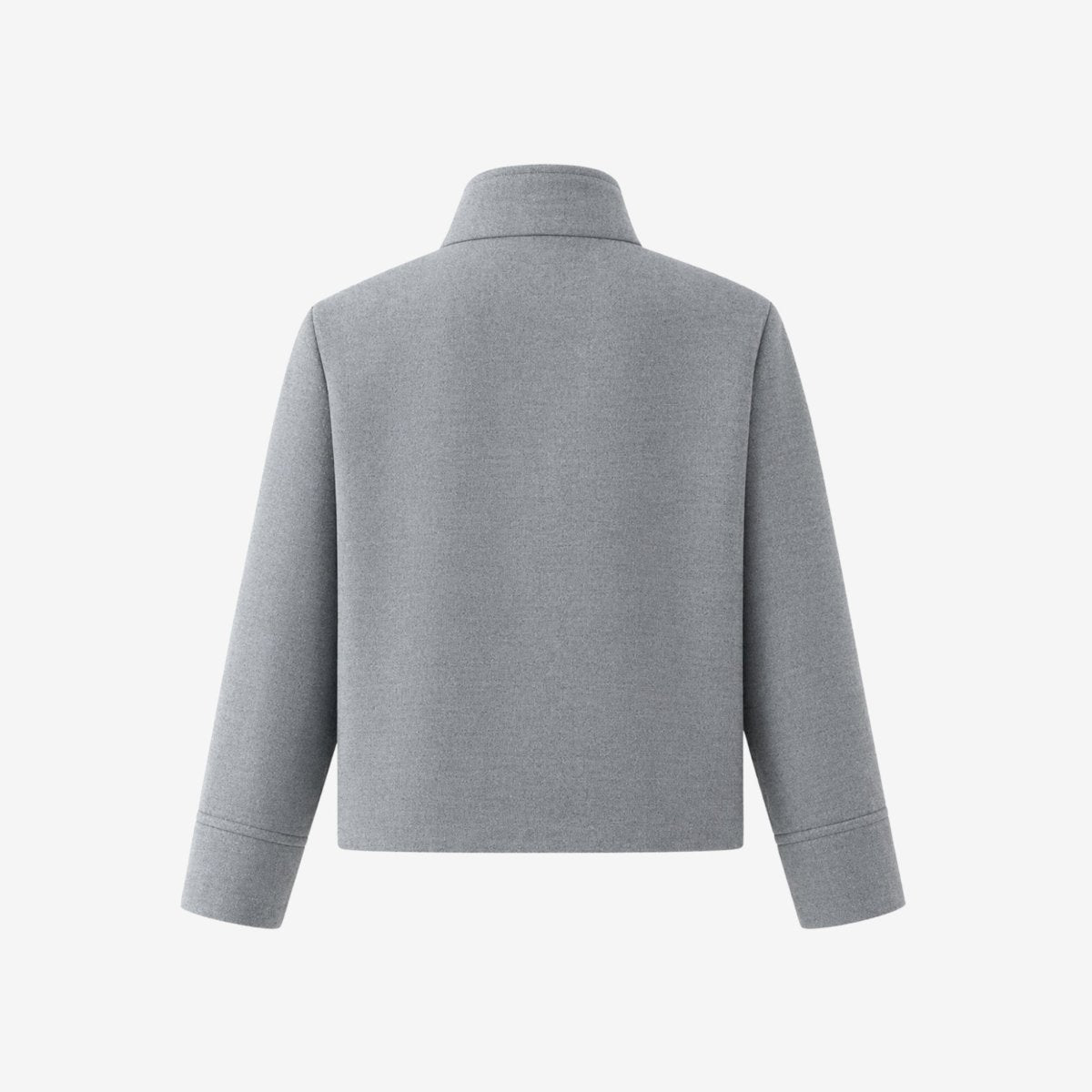 Flat lay back view of a minimalist grey short outerwear coat showing structured shoulder and hem details.