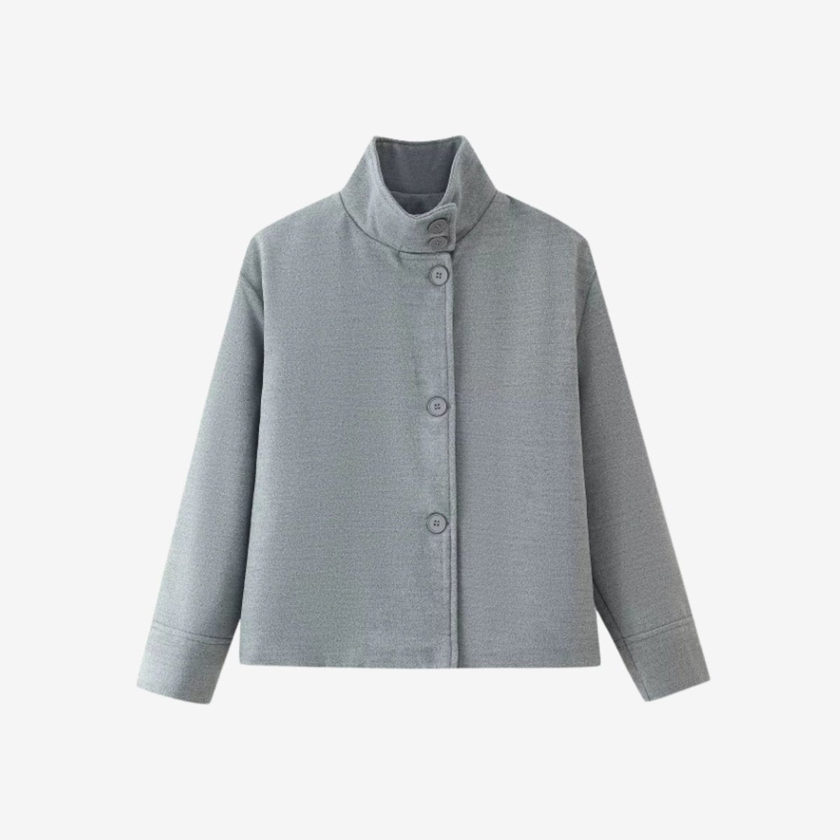 Flat lay front view of a grey button-up cropped funnel neck jacket on a white background.