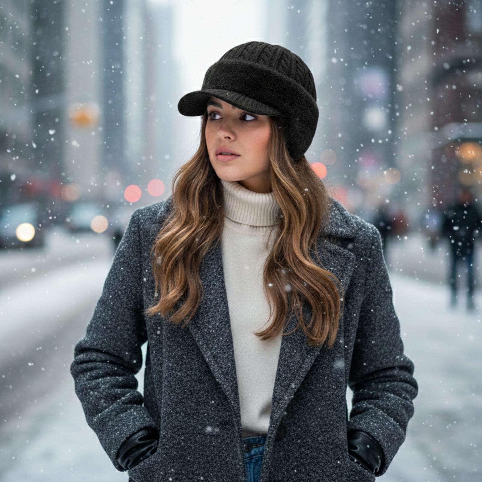 Fashionable woman with long hair wearing the unisex black Kouvr Aspen knit hat with her winter coat in a snowy urban setting.