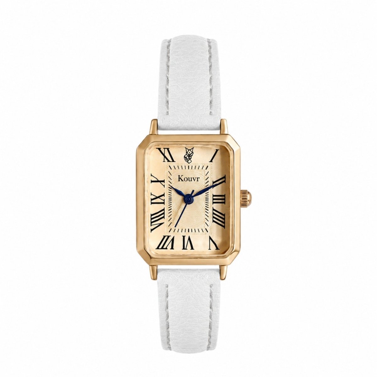 Women's rectangular gold watch with white textured leather strap and Roman numeral dial by Kouvr.