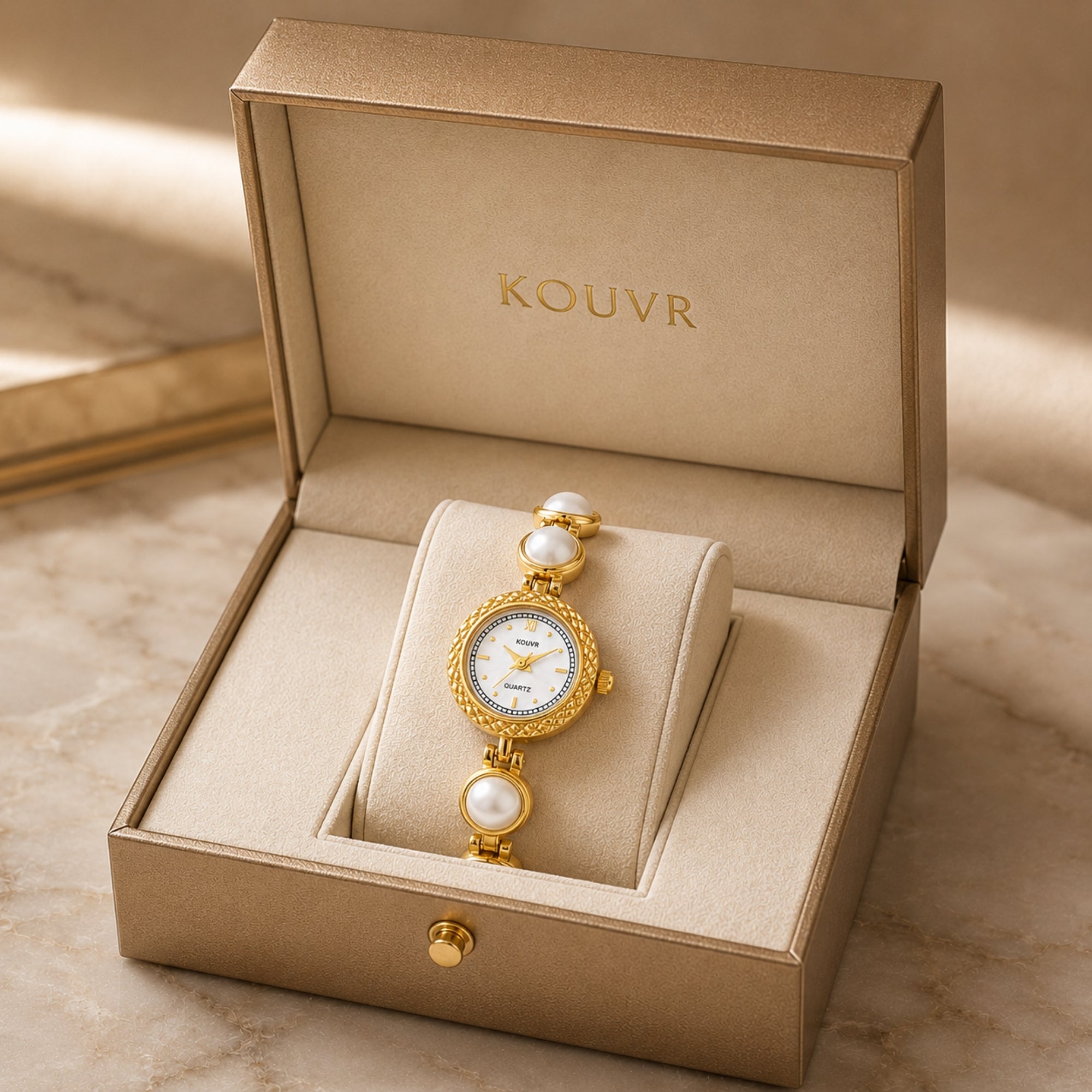 Kouvr vintage gold pearl bracelet watch for women displayed elegantly in a luxury gold embossed presentation gift box.