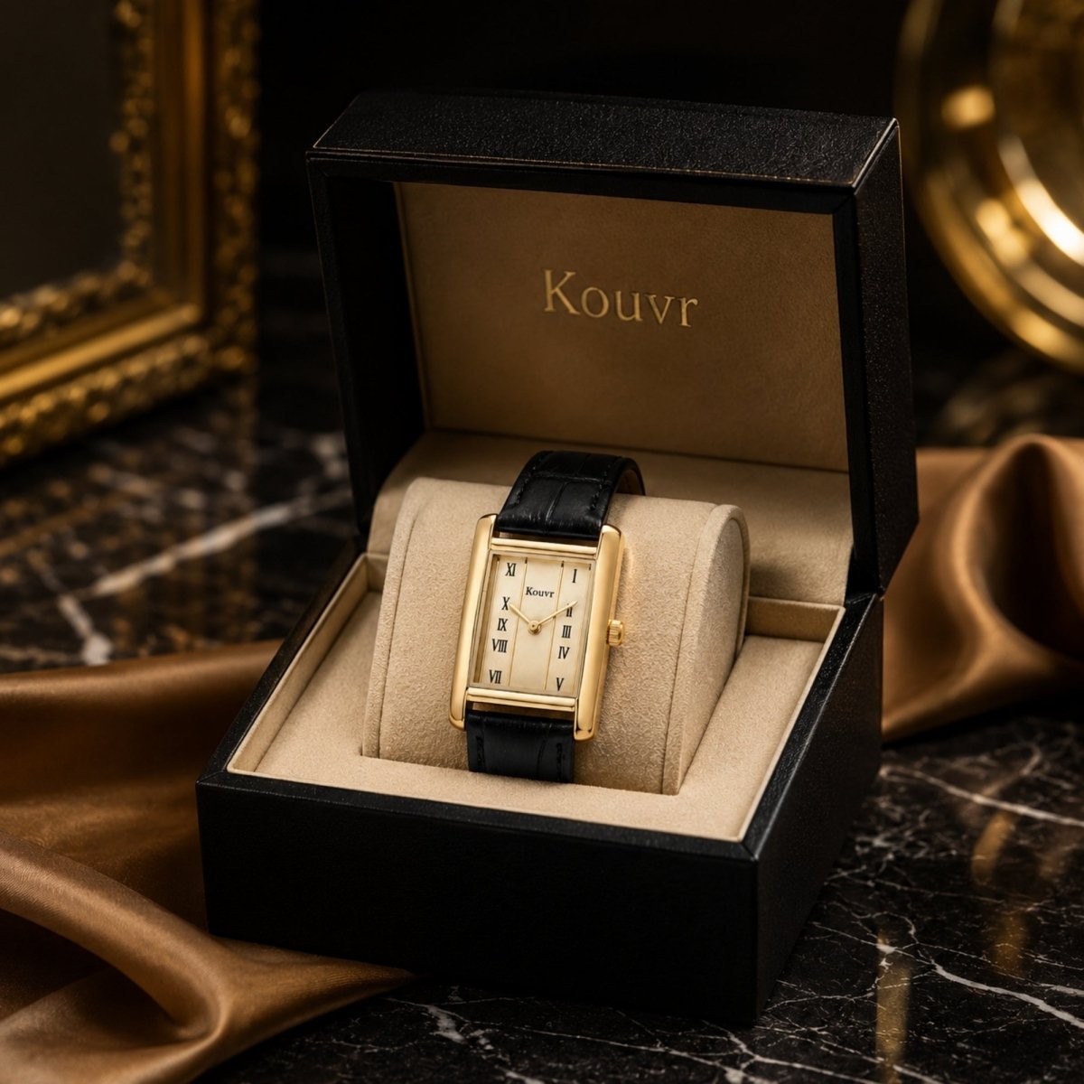 Kouvr vintage rectangular gold watch for women resting in a luxury black presentation box on premium silk fabric.