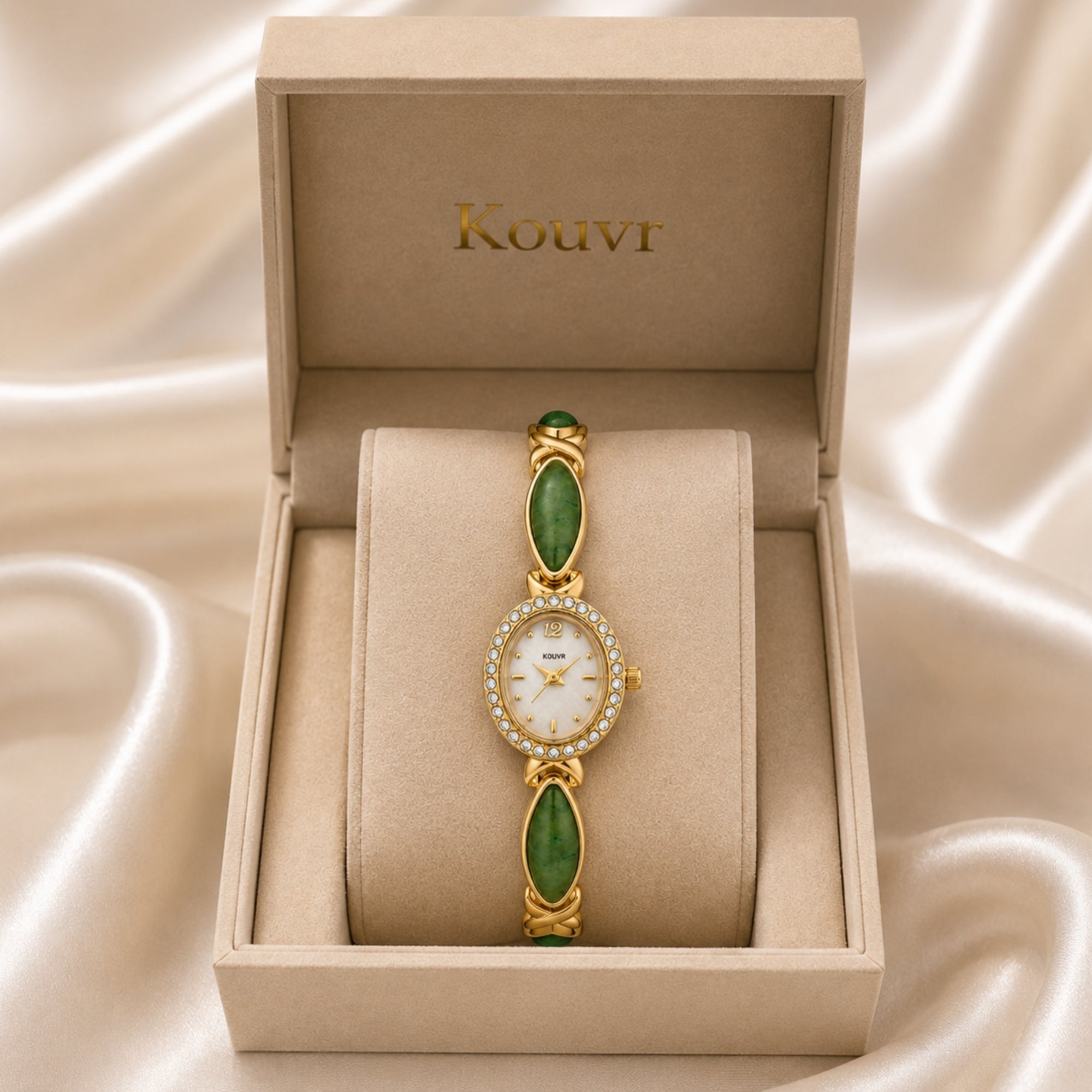Diagram of women's vintage watch highlighting features including adjustable strap, scratch resistant crystal glass, and stainless steel case.