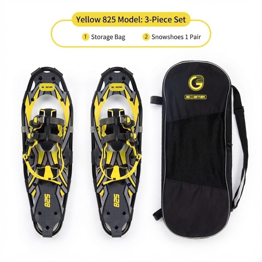 High-visibility Yellow 825 model 3-piece set including lightweight aluminum snowshoes and a black carry bag.