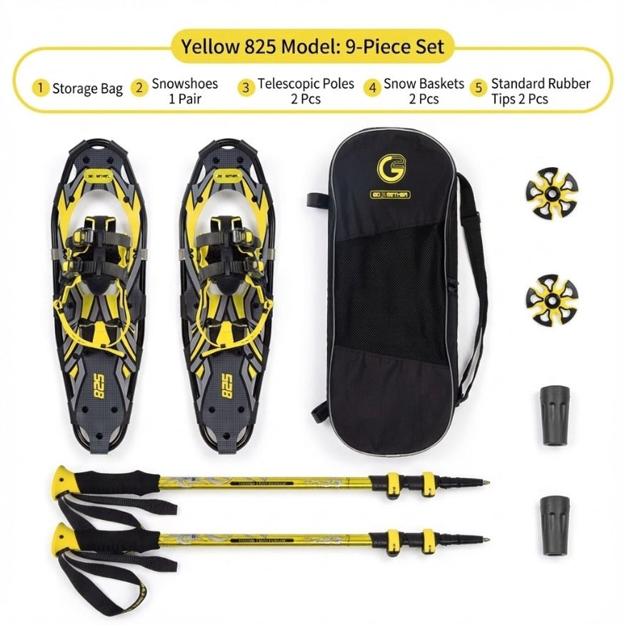Comprehensive 9-piece kit with Yellow 825 model snowshoes, telescopic trekking poles, and replacement snow accessories.