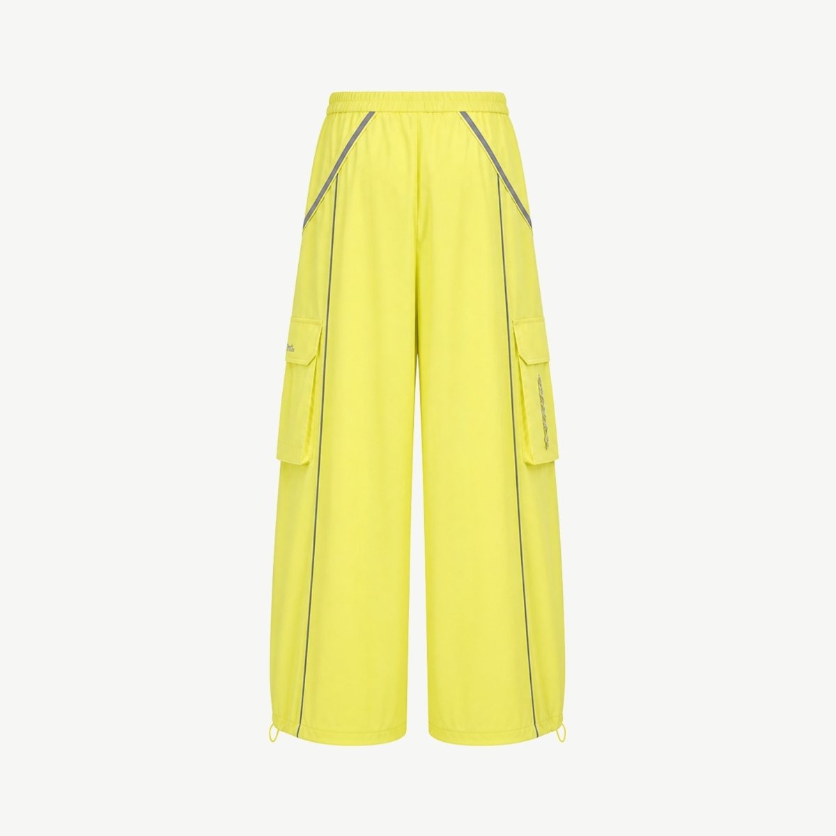 Flat lay back view of bright yellow parachute pants featuring elasticated waist and wide leg cut