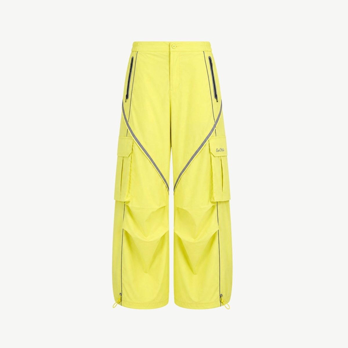Flat lay front view of bright yellow cargo pants with zip pockets and techwear styling