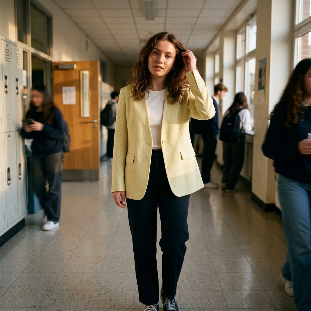 Young woman walking in a sunlit hallway wearing Kouvr yellow casual chic linen blazer.