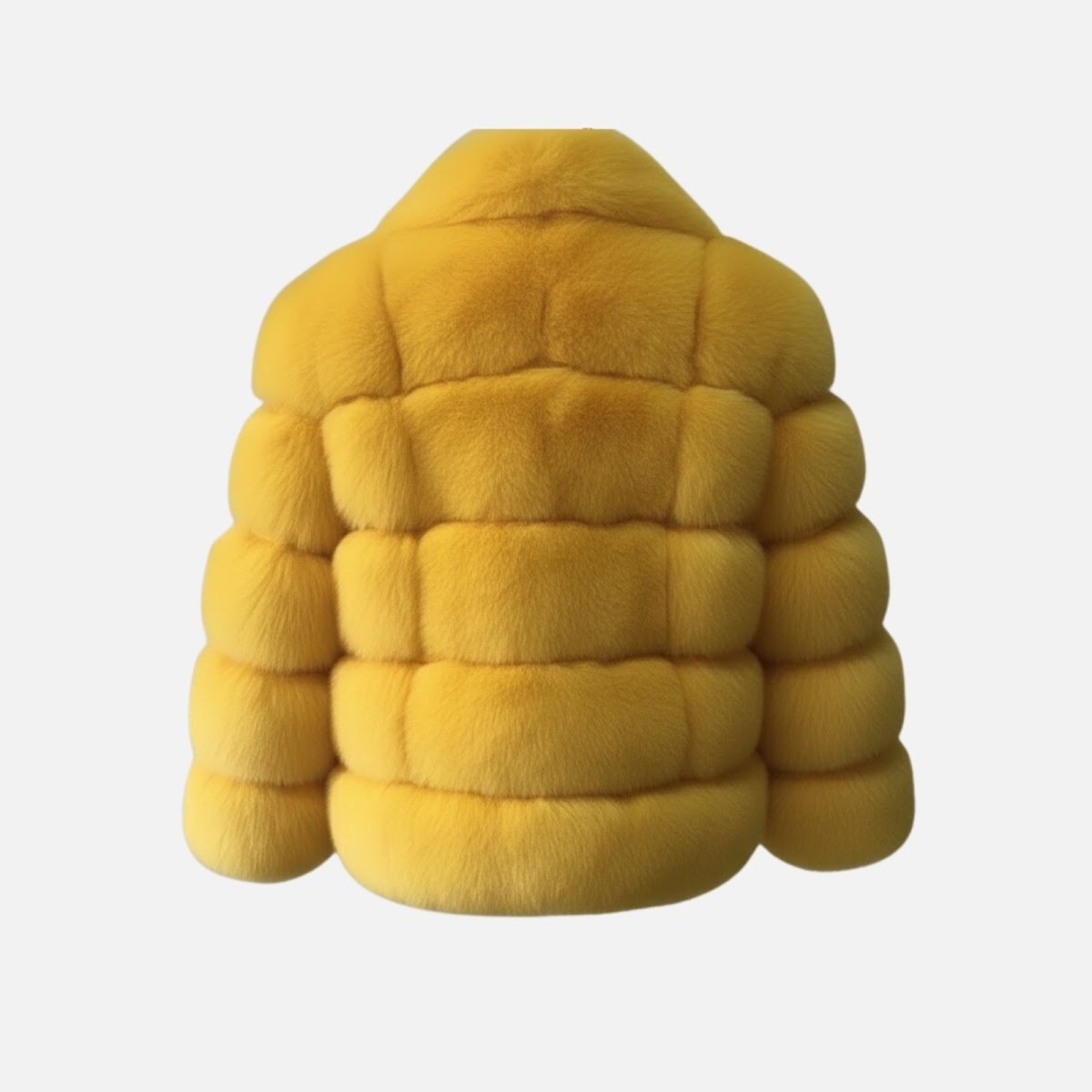 Flat lay studio product shot of the back of the Alexia yellow faux fur jacket, detailing the horizontal panel construction.