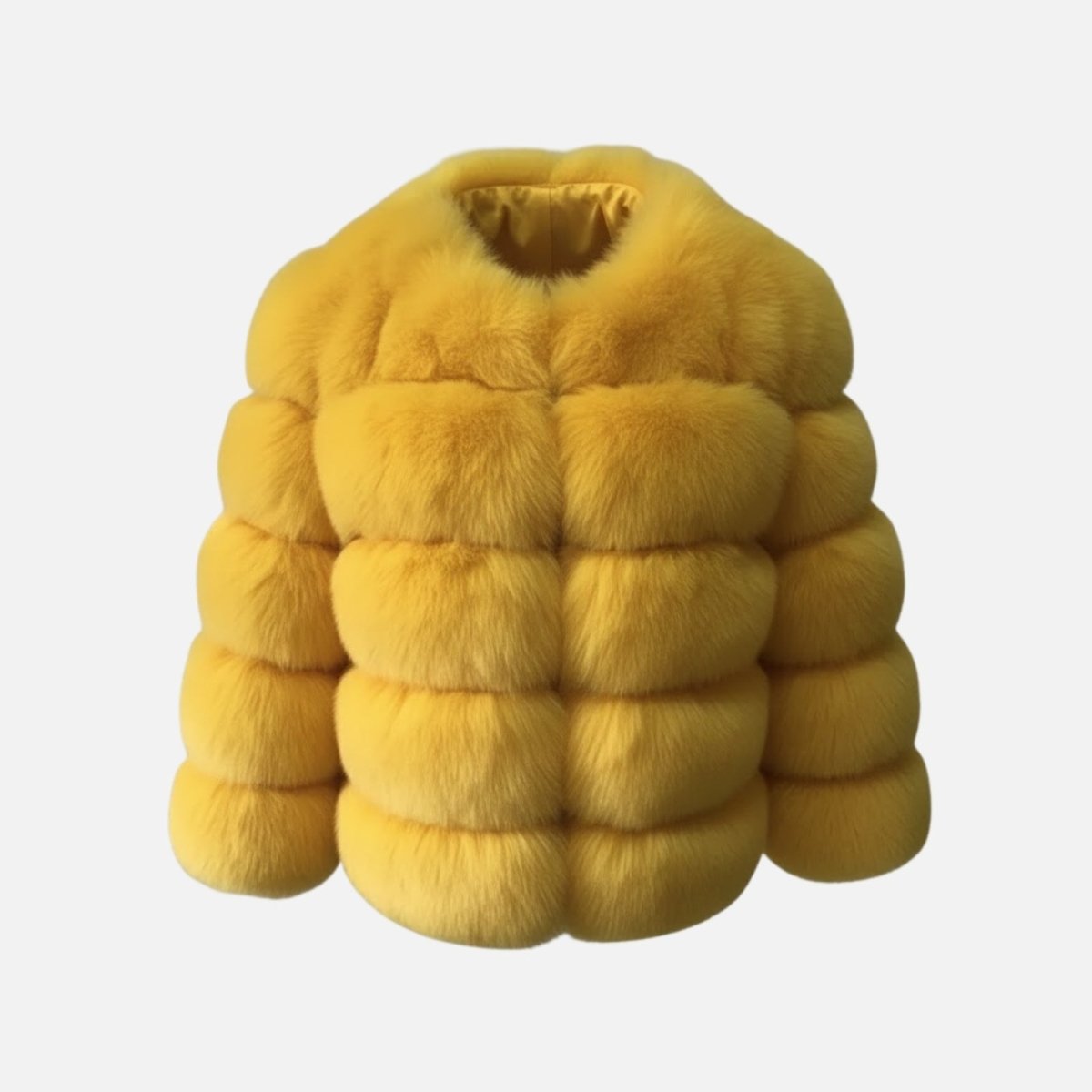Flat lay studio product shot of the front of the collarless Alexia yellow faux fur jacket, showing the satin lining at the neck.