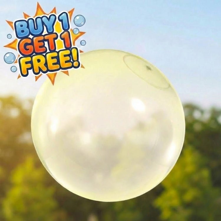 Bright yellow giant bubble ball toy floating in the air, highlighting a special buy one get one free offer for parents.