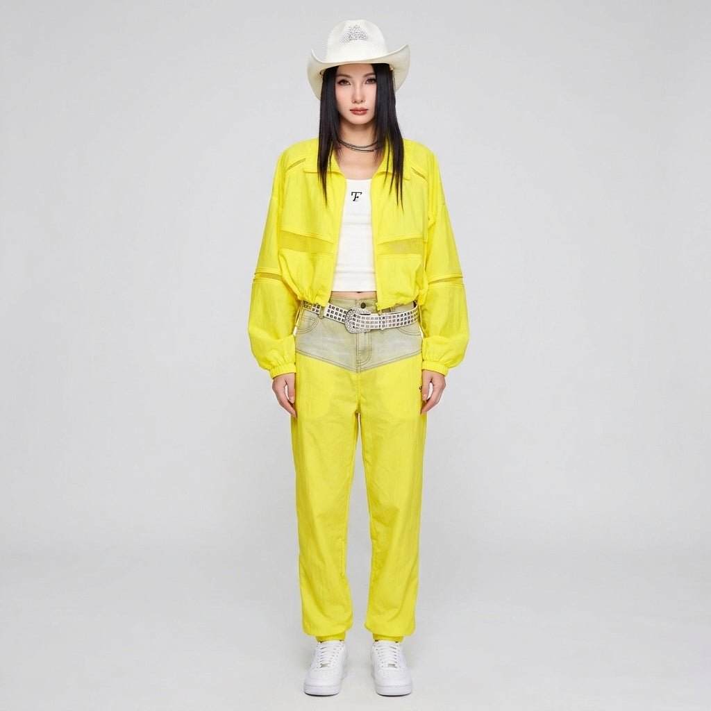 Full body shot of fashion model wearing bright yellow cropped windbreaker jacket paired with matching neon track pants.