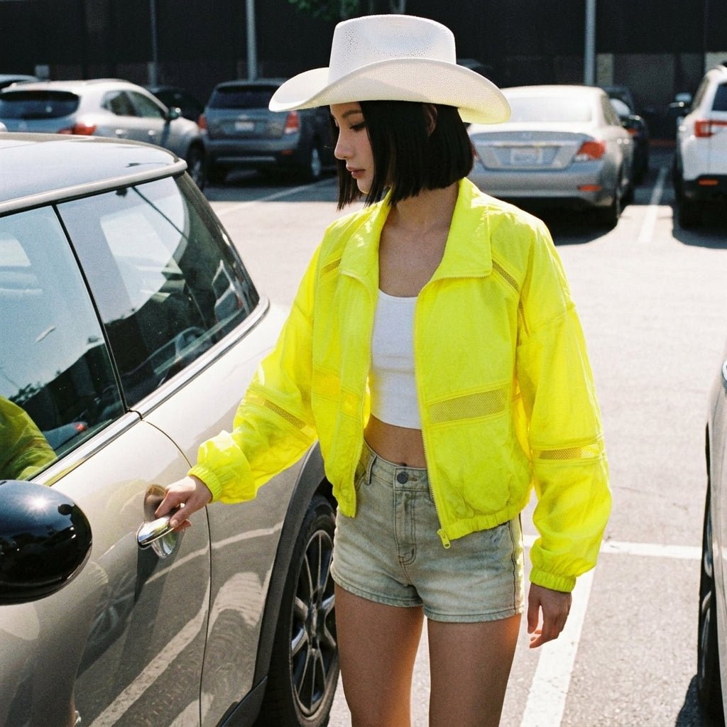 Lifestyle shot of woman opening car door wearing neon yellow mesh panel windbreaker layered over a white crop top and denim shorts.