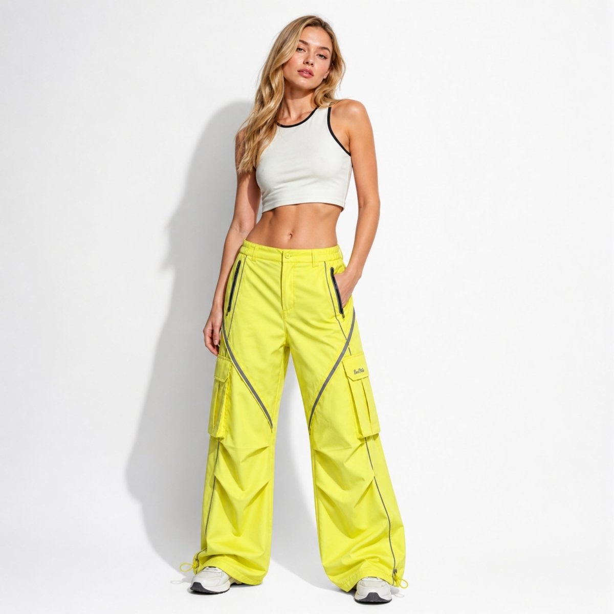 Female model styling yellow Y2K parachute techwear trousers with a white crop top and chunky sneakers