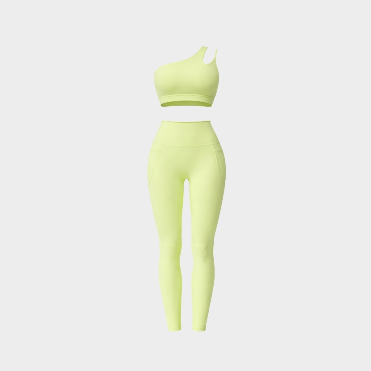 Ghost mannequin front view of Kouvr neon yellow one shoulder cutout sports bra and high waist pocket leggings