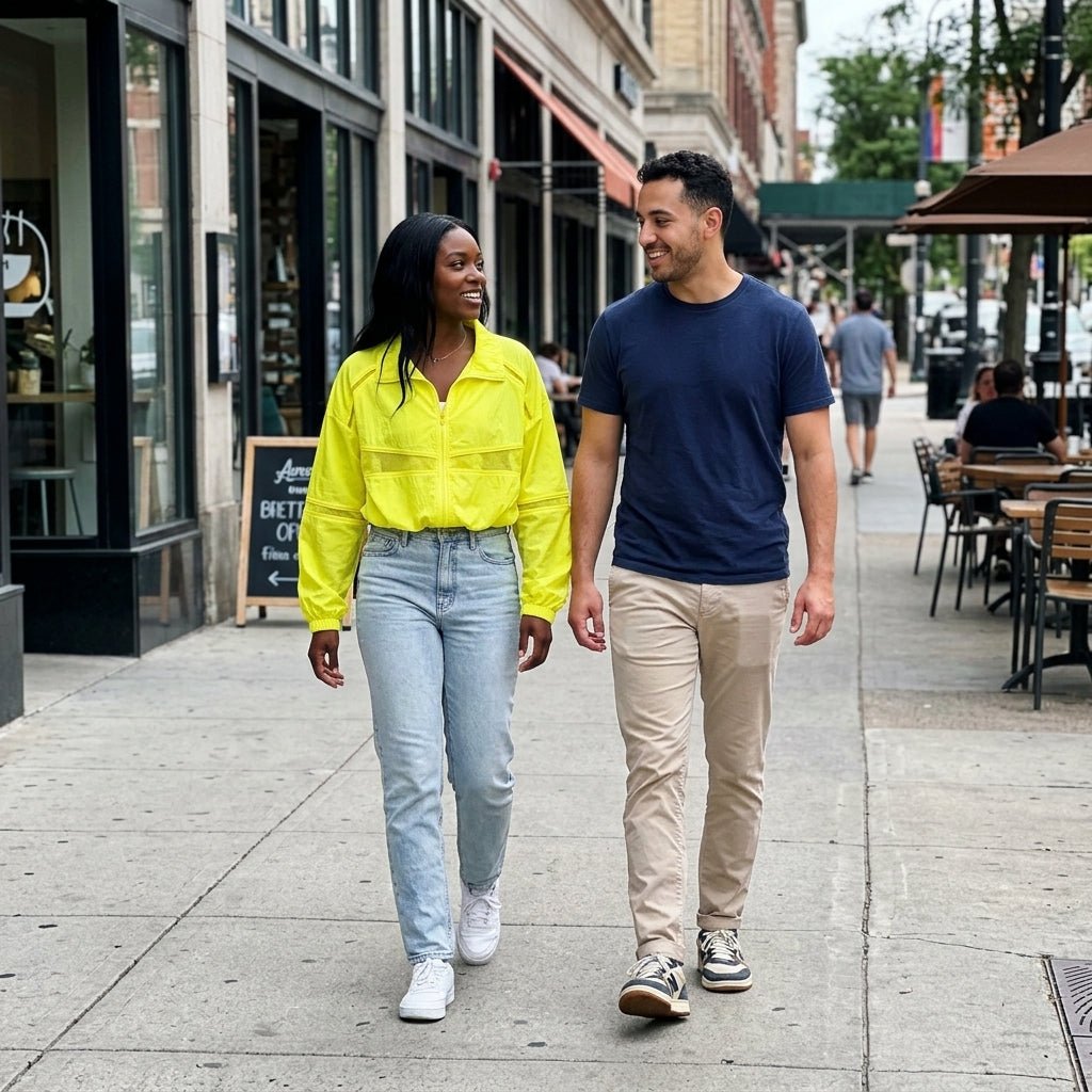 Woman smiling and walking down a sunny city street wearing a vibrant neon yellow zip-up windbreaker jacket styled casually.
