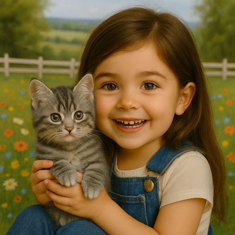 A happy young girl smiling as she holds her Kouvr lifelike gray robot kitten companion pet.