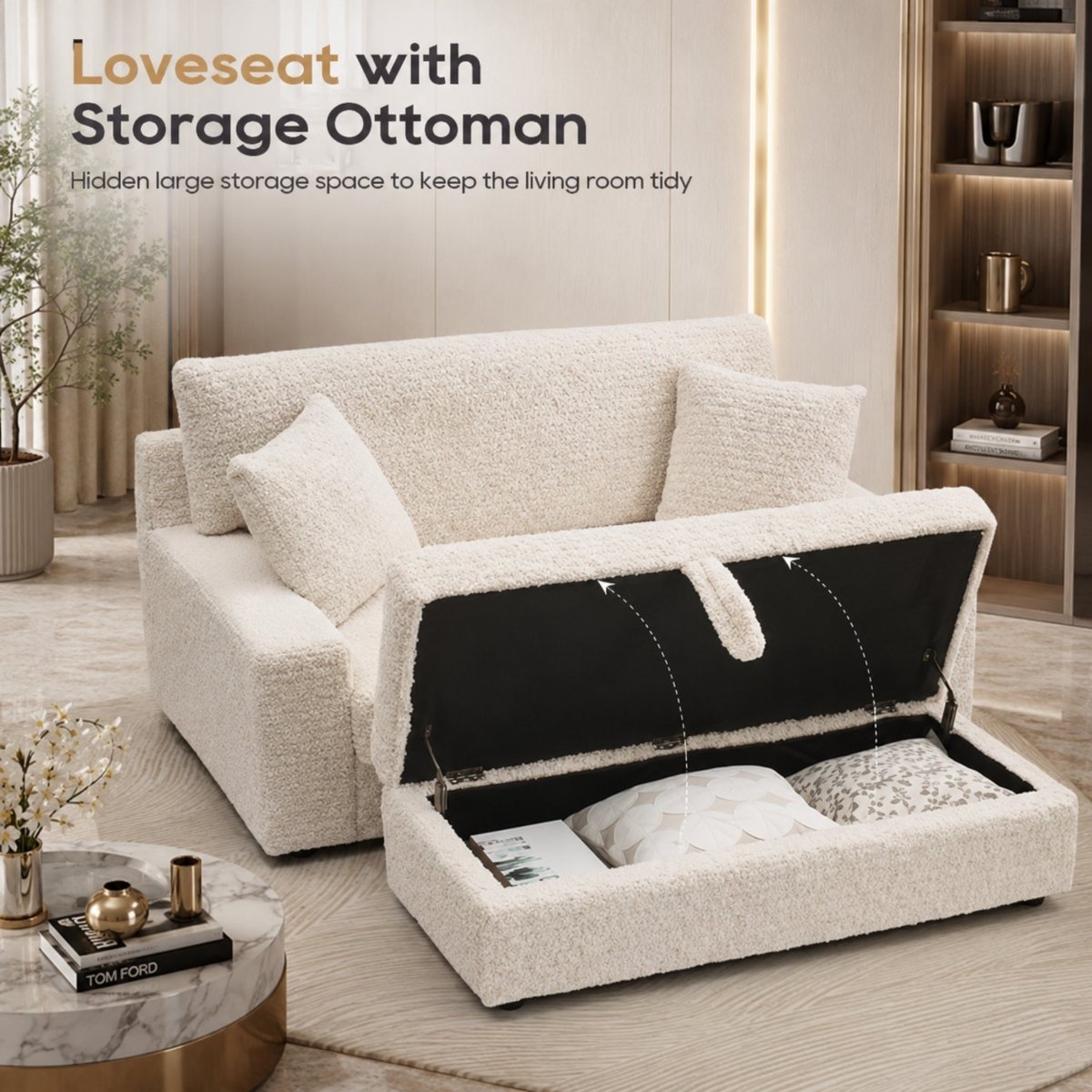 Family  Lounger | Cloud-Bouclé Loveseat &amp; Storage Ottoman