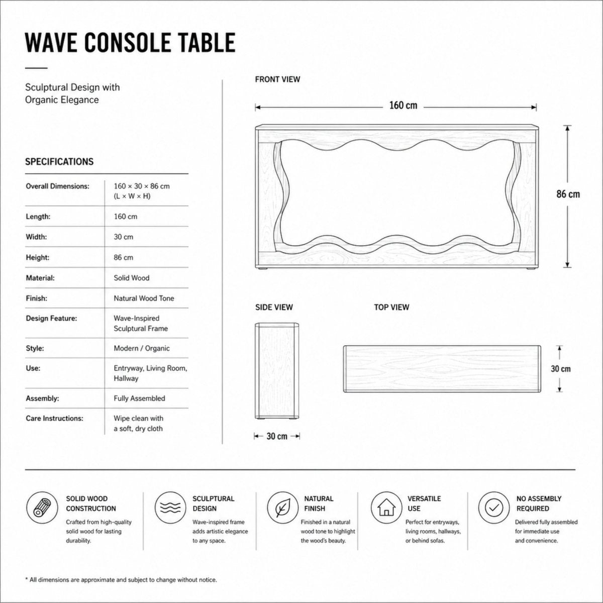 Serenade Sculptural Console | Organic Wave Solid Oak Table