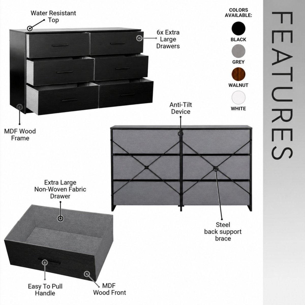 Midnight Haven Dresser | Modern Black 6-Drawer Storage