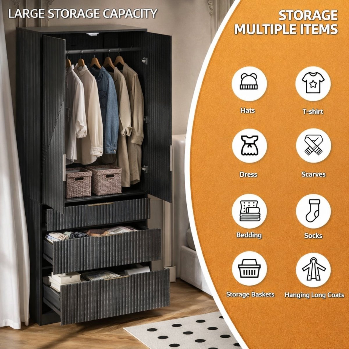 The Obsidian Apex Armoire | Geometric Fluted Wardrobe