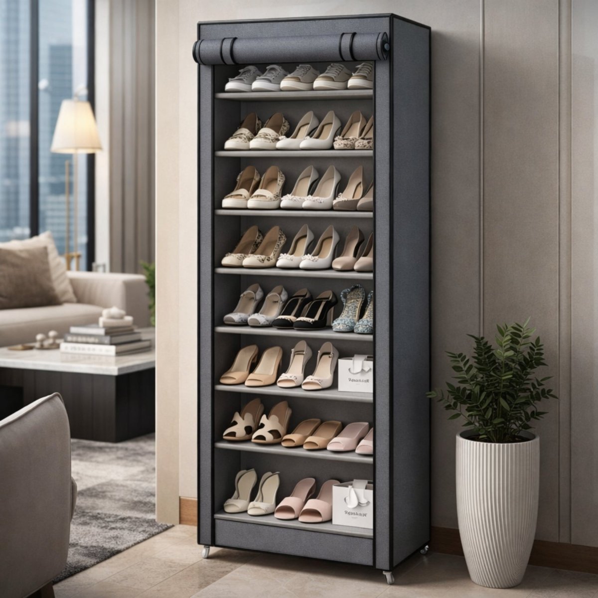 Obsidian Enclave Aera Concealed Shoe Sanctuary | 10-Tier Freestanding Fabric Cabinet