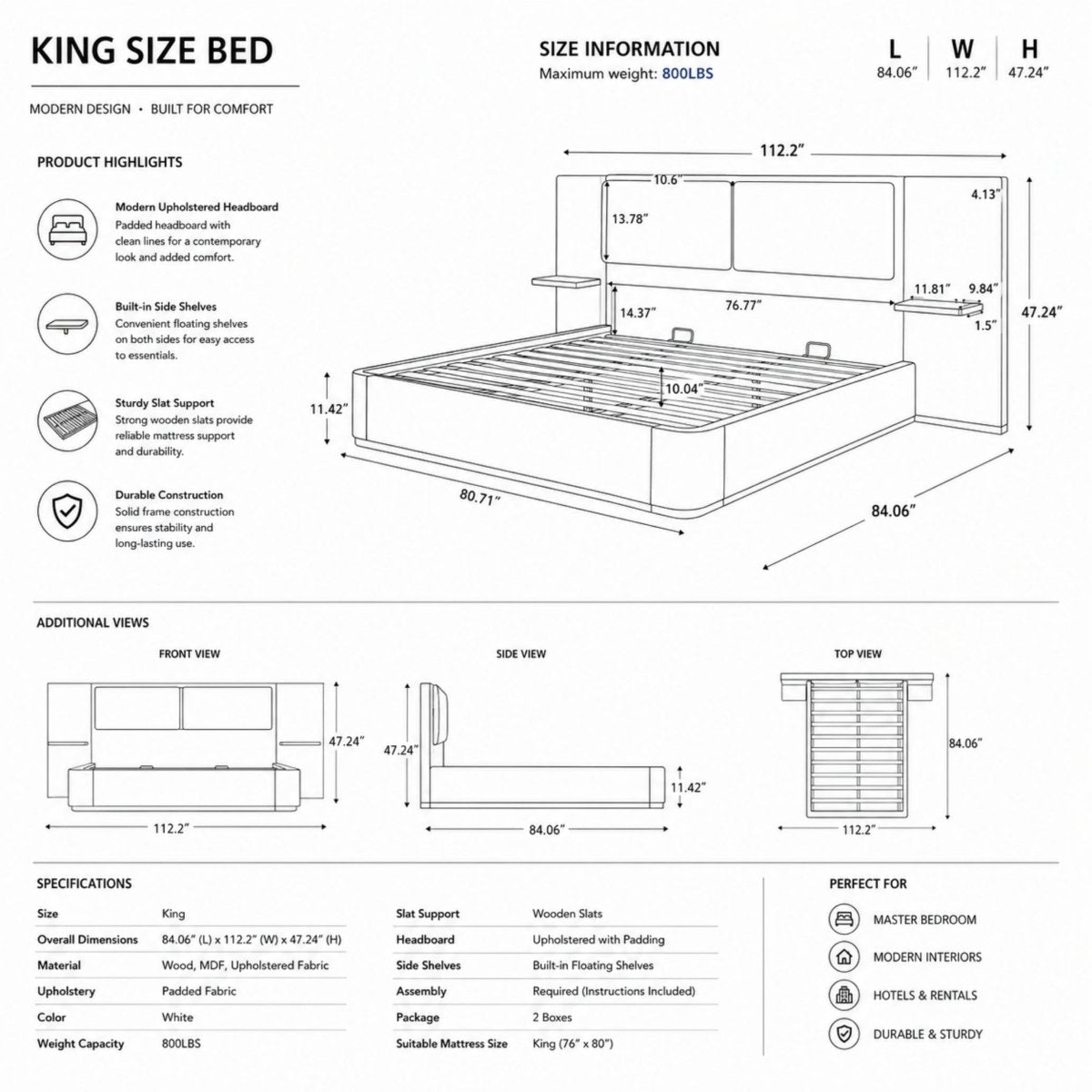 SoftTouch Platform Bed | Modern Upholstered Frame with Floating Nightstands