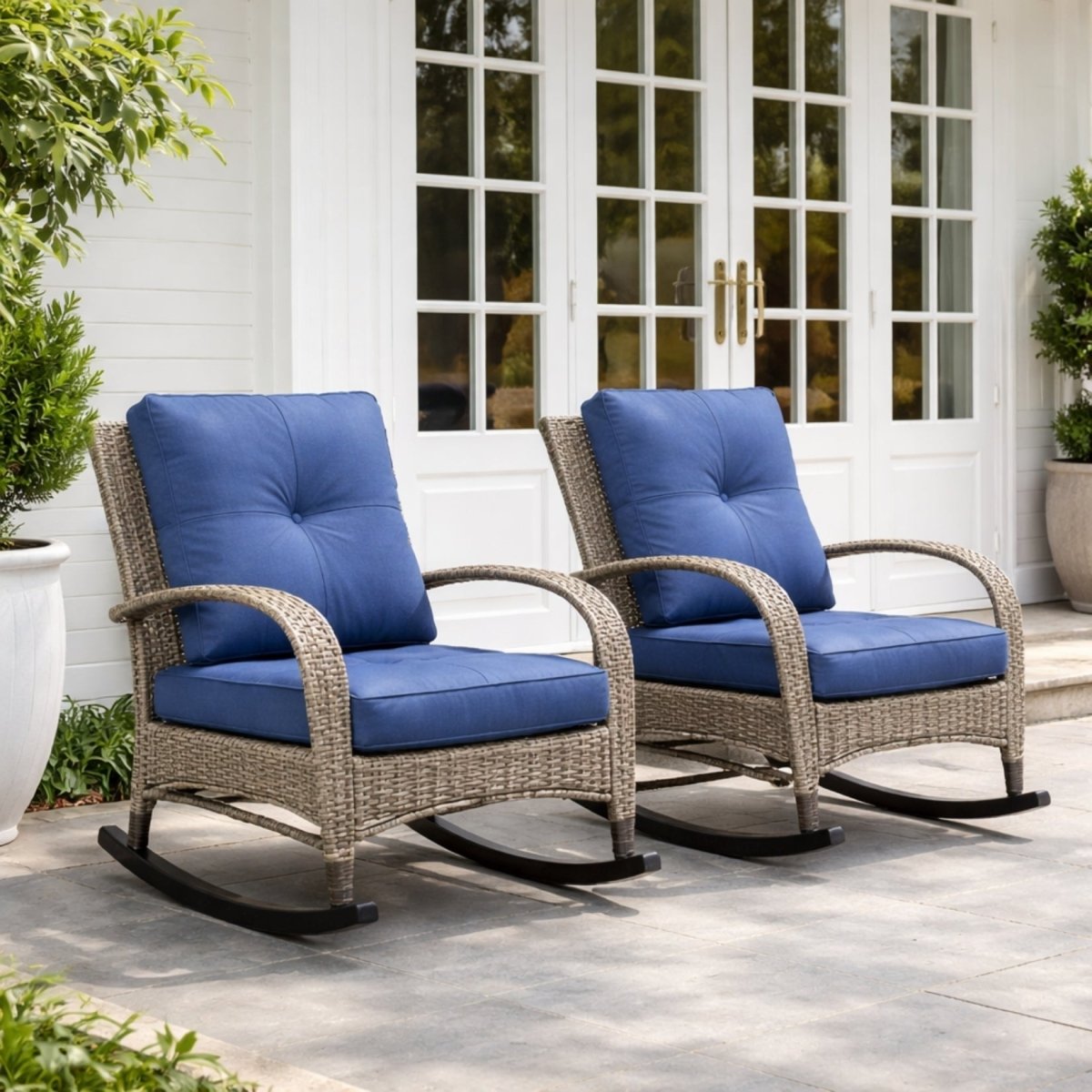 Obsidian Harbor Monterey Retreat Set | All-Weather Wicker Rocking Chairs &amp; Glass-Top Table