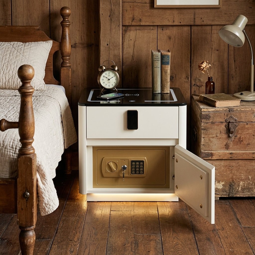 Aegis Smart Nightstand | Integrated Safe &amp; Wireless Charging Hub - vintage rustic home
