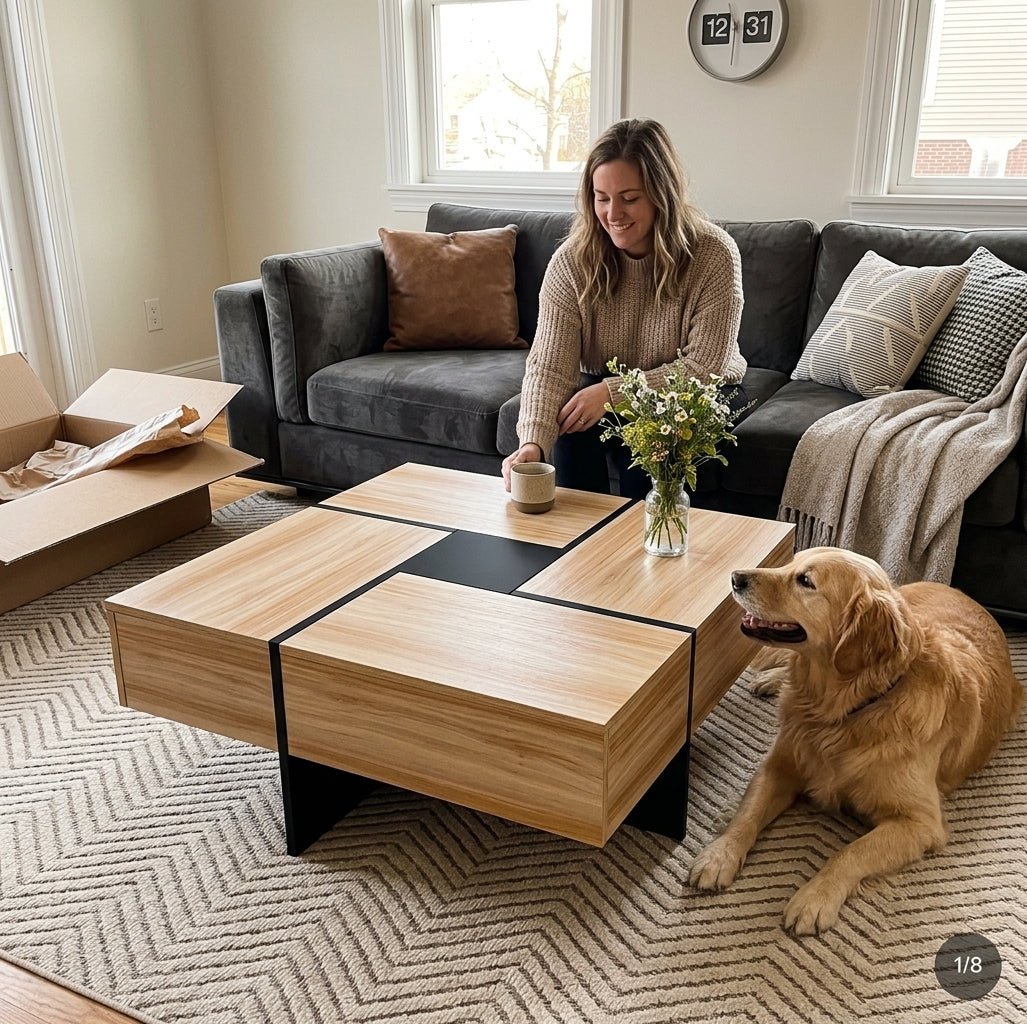 Meridian Storage Table | Modern 4-Drawer Square Coffee Table