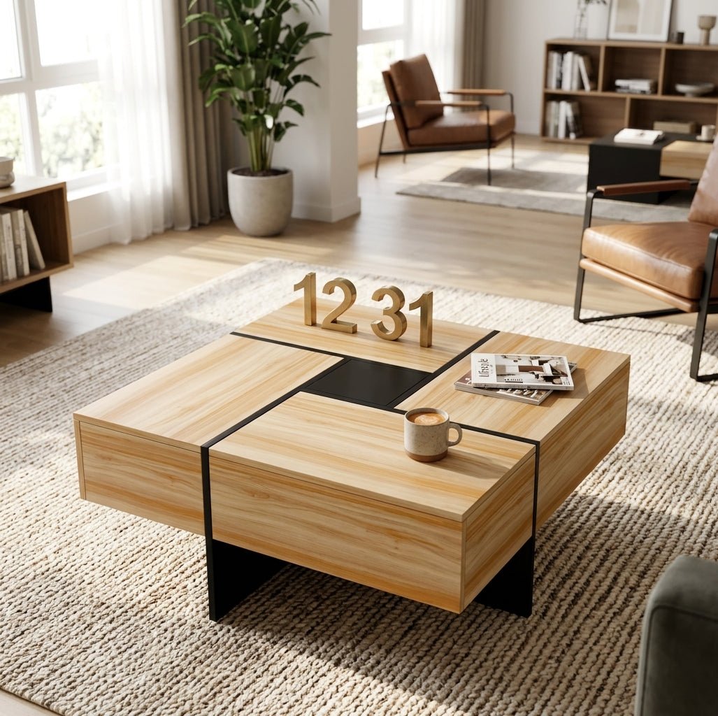 Meridian Storage Table | Modern 4-Drawer Square Coffee Table