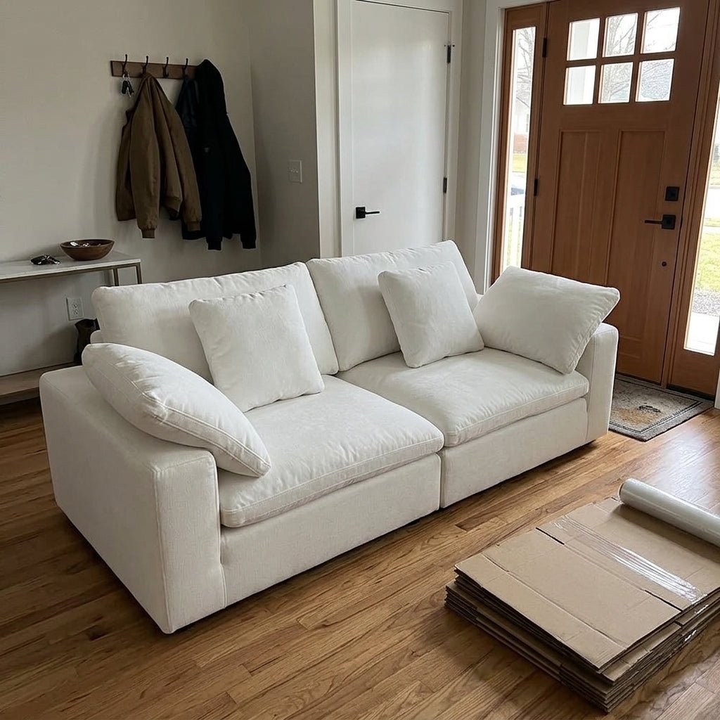 Cloud sofa - customer delivery front door