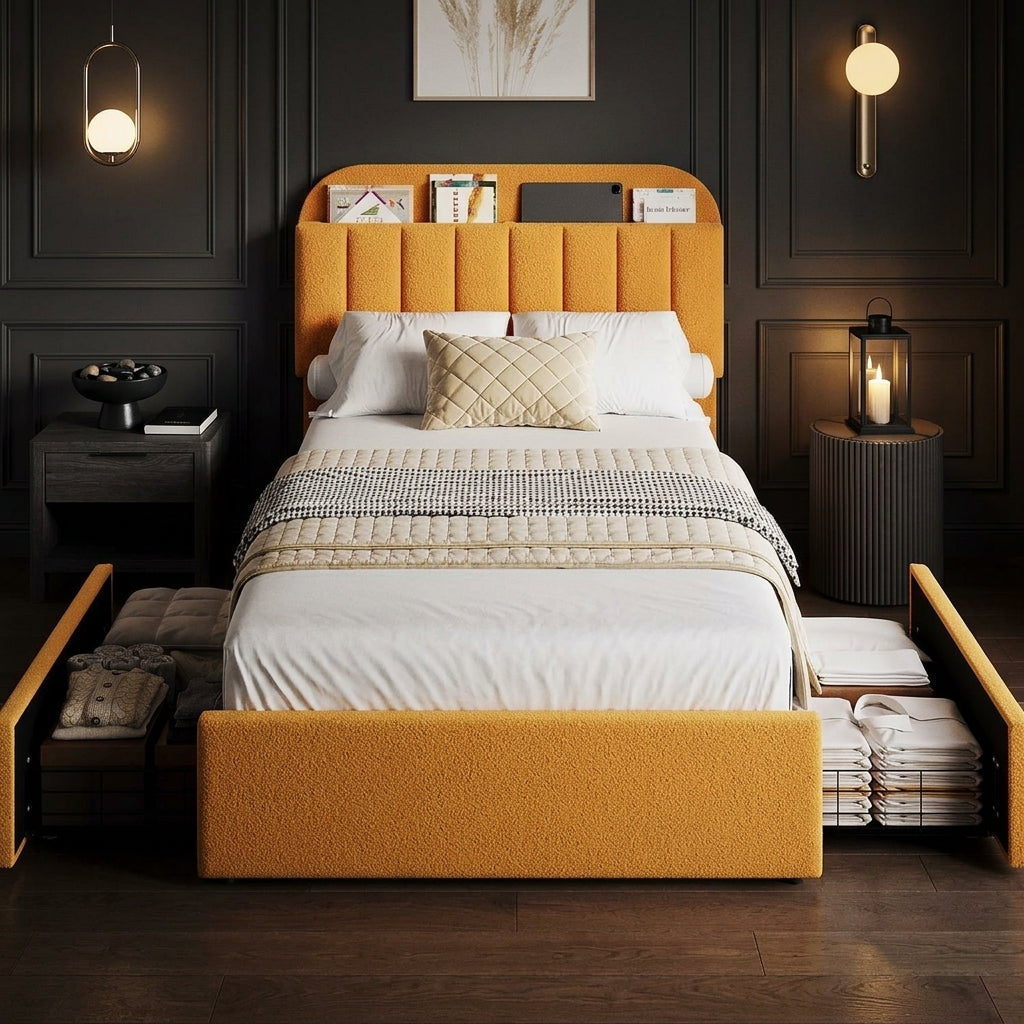 Twin Bed Frame with Storage Headboard Kids Bed Frame with 2 Drawers, Boucle Upholstered Platform Bed with Bookcase Easy Assembly - dark modern luxury interior