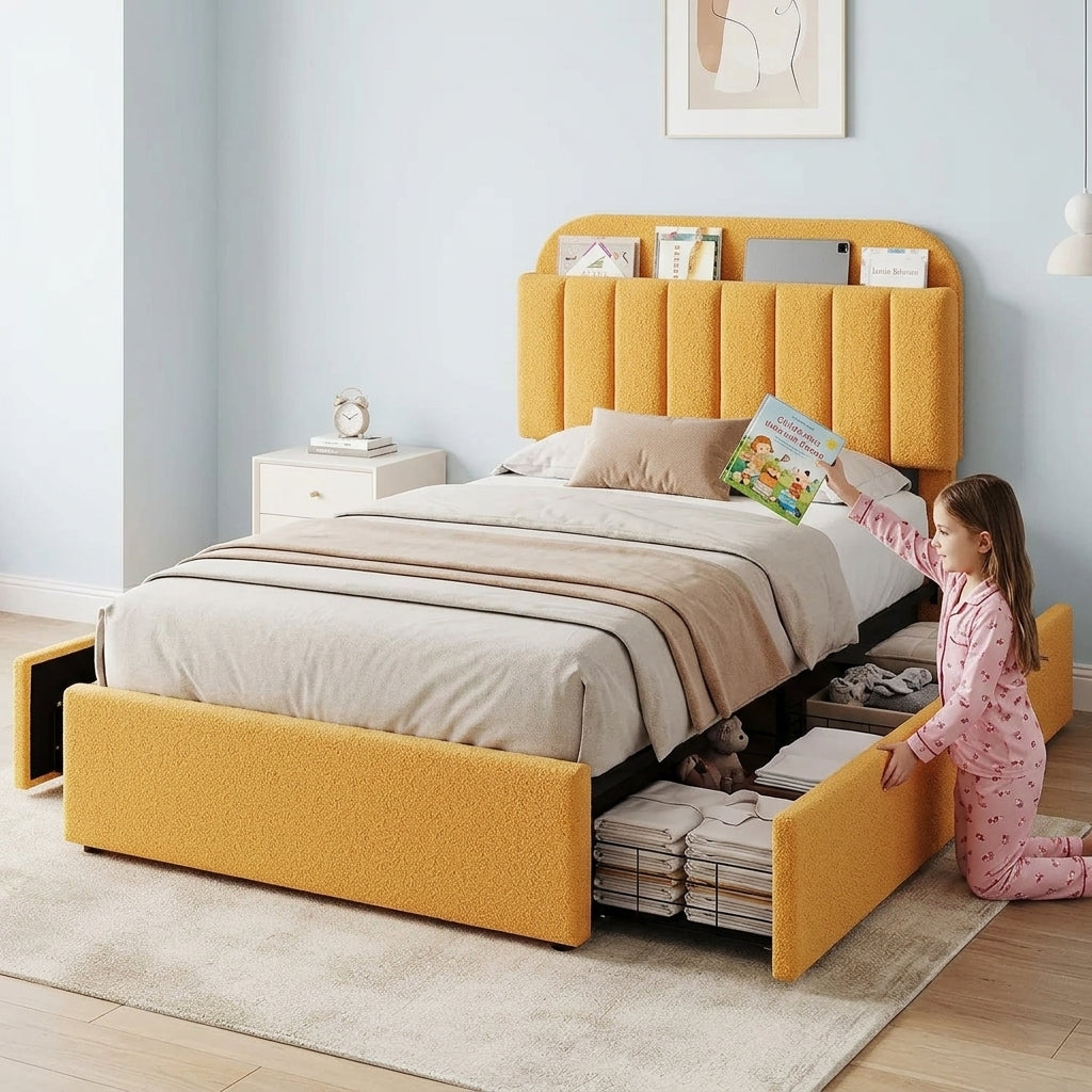 Twin Bed Frame with Storage Headboard Kids Bed Frame with 2 Drawers, Boucle Upholstered Platform Bed with Bookcase Easy Assembly - in use