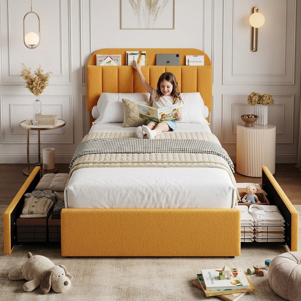 Twin Bed Frame with Storage Headboard Kids Bed Frame with 2 Drawers, Boucle Upholstered Platform Bed with Bookcase Easy Assembly - real person using home