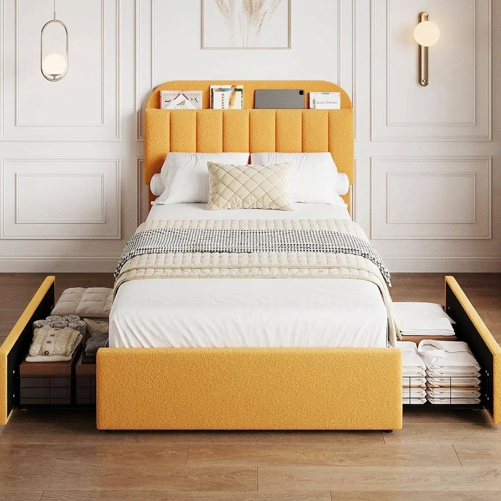 Twin Bed Frame with Storage Headboard Kids Bed Frame with 2 Drawers, Boucle Upholstered Platform Bed with Bookcase Easy Assembly - full view