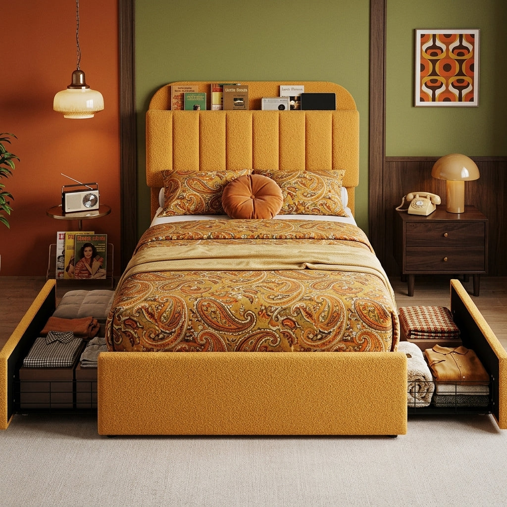 Twin Bed Frame with Storage Headboard Kids Bed Frame with 2 Drawers, Boucle Upholstered Platform Bed with Bookcase Easy Assembly - retro 1970s interior