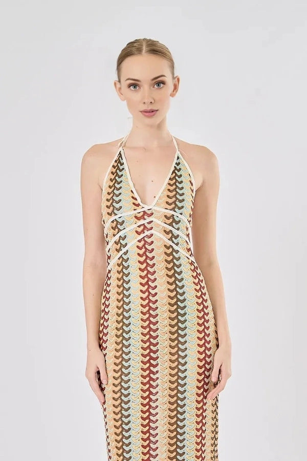 Boho Rainbow Crochet Maxi Dress