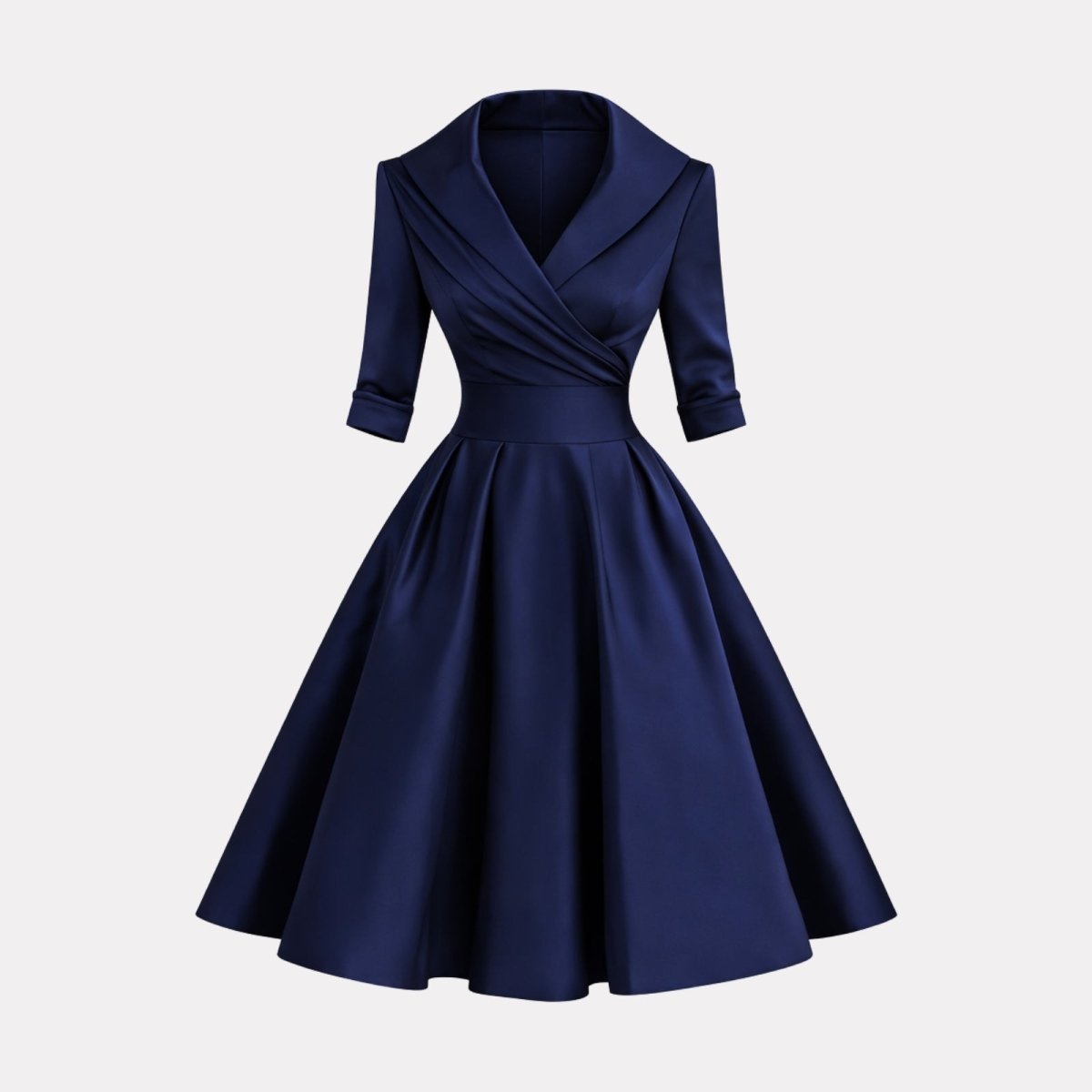 High-quality product shot of the navy blue shawl collar swing dress by Kouvr Fashion on a white background.