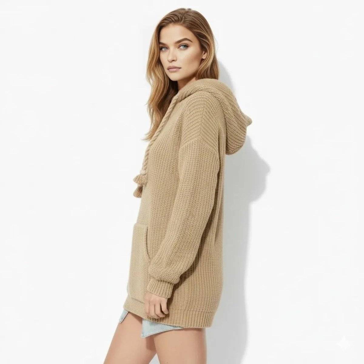 Side profile of the Kouvr khaki oversized knit hoodie, showcasing the relaxed fit, sleeve length, and tunic silhouette on a model.
