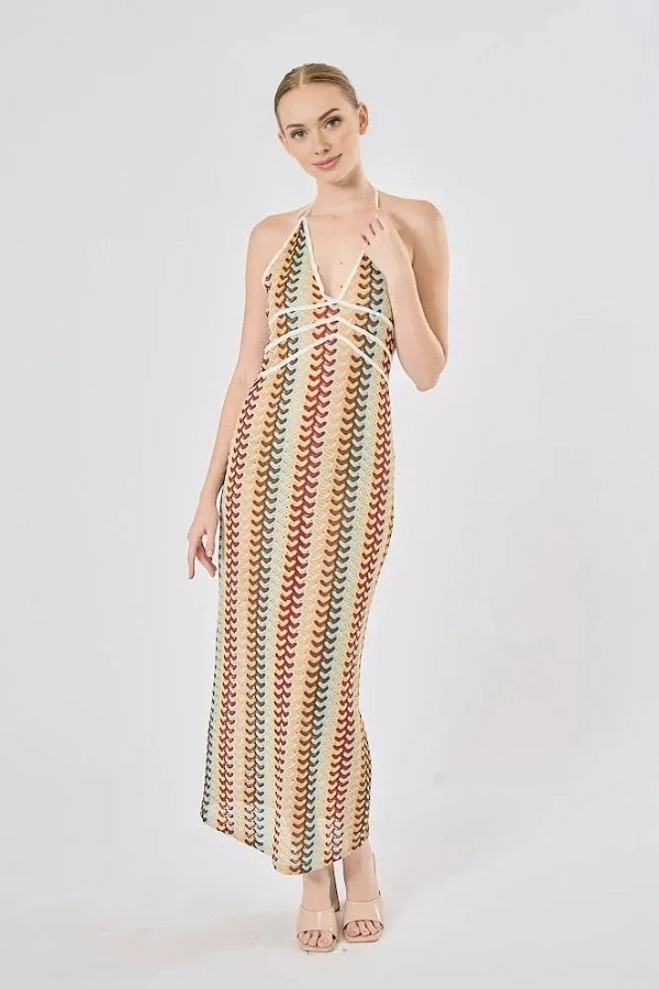 Boho Rainbow Crochet Maxi Dress