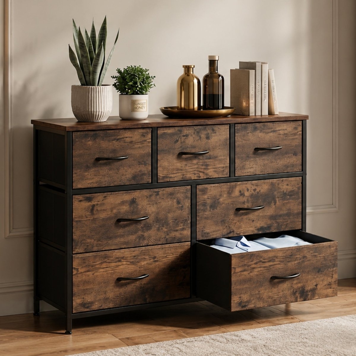 Harper Wide Storage Chest | Rustic Industrial 7-Drawer Dresser