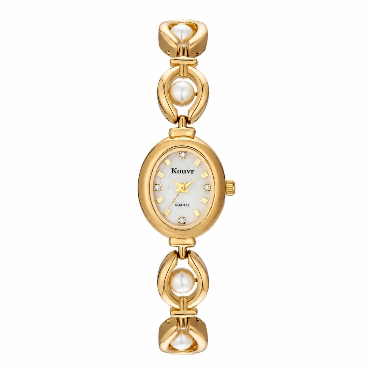 Front view of Kouvr women's oval gold tone watch with mother of pearl dial and pearl link bracelet.