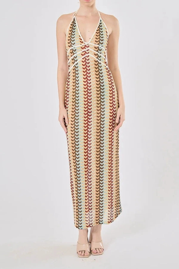 Boho Rainbow Crochet Maxi Dress