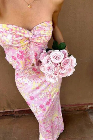 Amanda Floral Strapless Pink Maxi Dress Summer Boho Tube Dress with Tie Front Cutout Elegant Slim Fit Long Dress for Vacation, Beach & Garden Parties Amanda Floral Strapless Pink Maxi Dress Summer Boho Tube Dress with Tie Front Cutout Elegant Slim Fit Long Dress for Vacation, Beach & Garden Parties