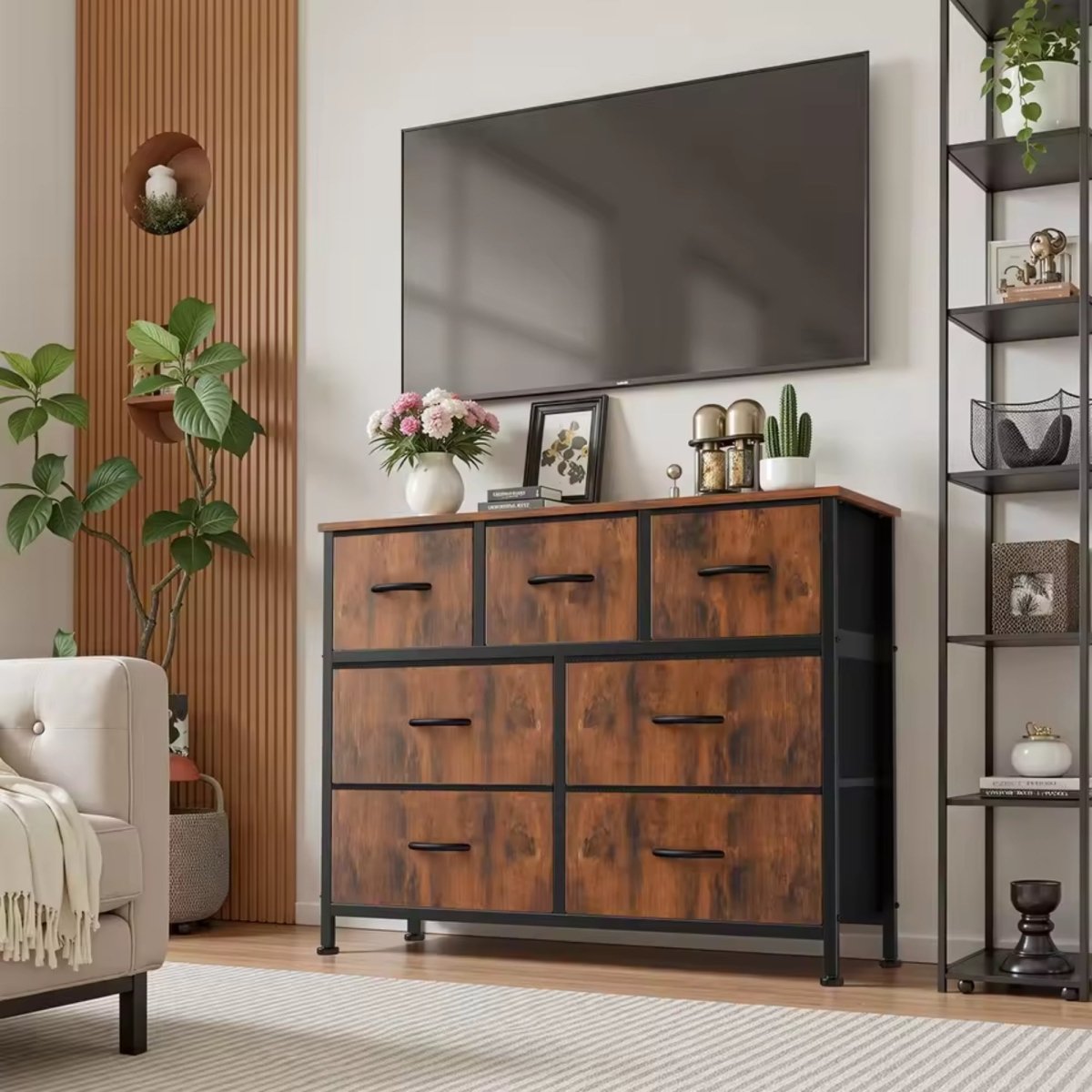 Harper Wide Storage Chest | Rustic Industrial 7-Drawer Dresser